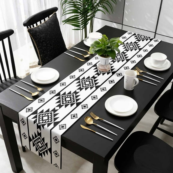 White Black Boho Cotton Linen Table Runner 16 x 72 inch Southwest Ethnic Abstract Geometric Non-slip Rectangular Dining Table Decor for Wedding Party Holiday Dinner