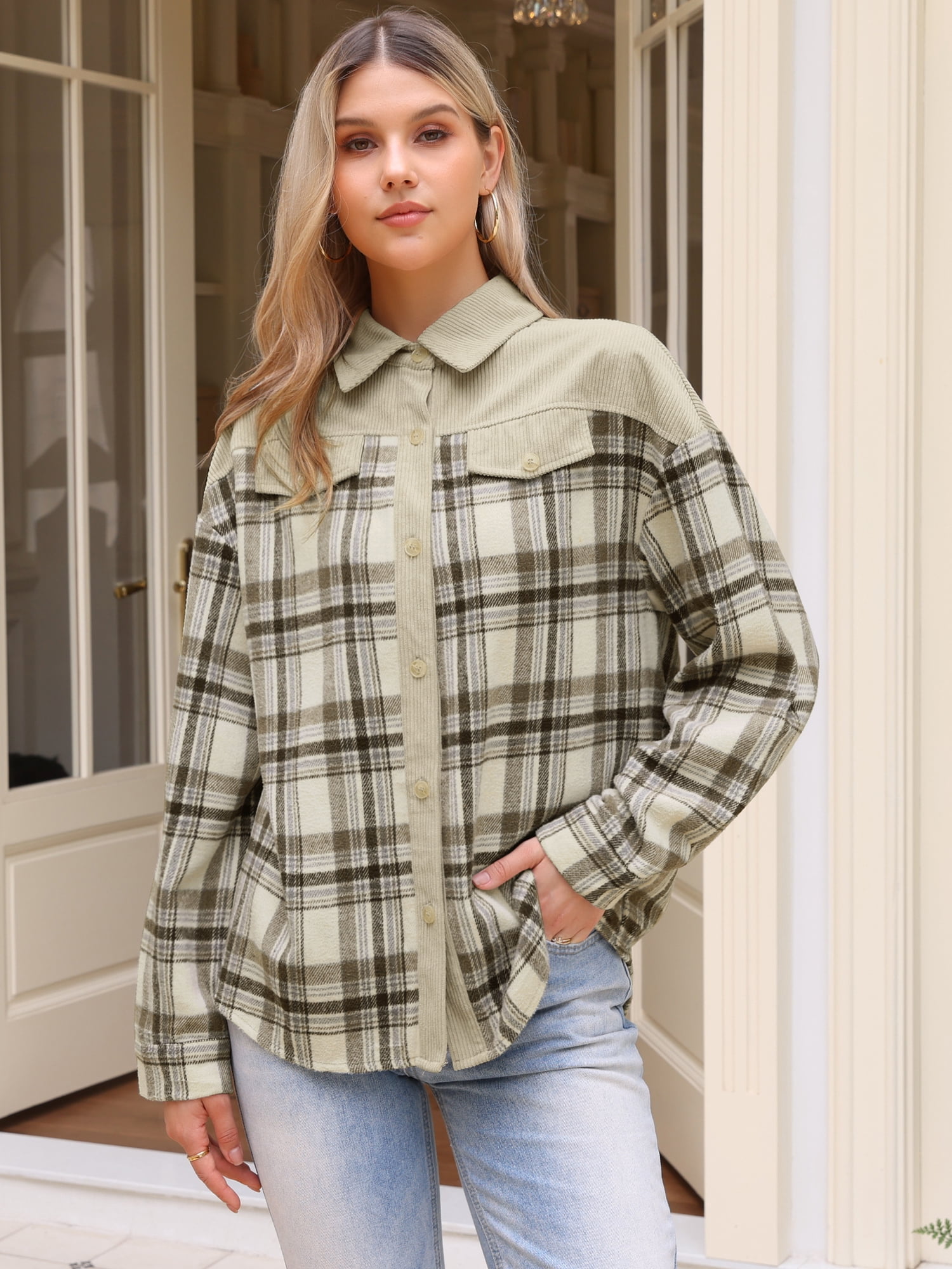 DARING DIVA Button Down Color Block Corduroy Long Sleeve Plaid Shirt M Apricot