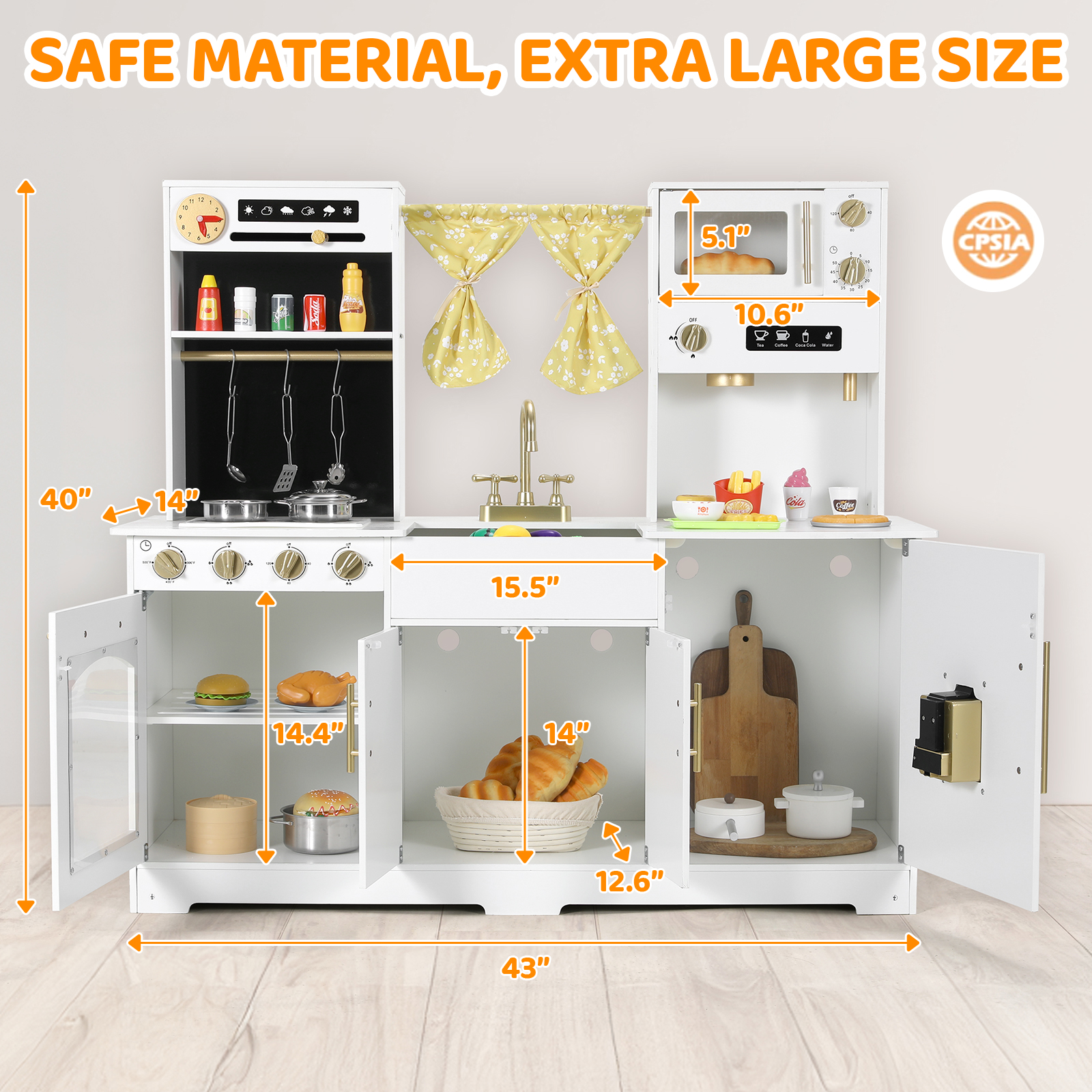 Pirecart Play Kitchen, Wooden Kids Kitchen Playset with Sound & Light,  Sink, Microwave, Curtain and Utensils for Boys Girls Age 3-10, White