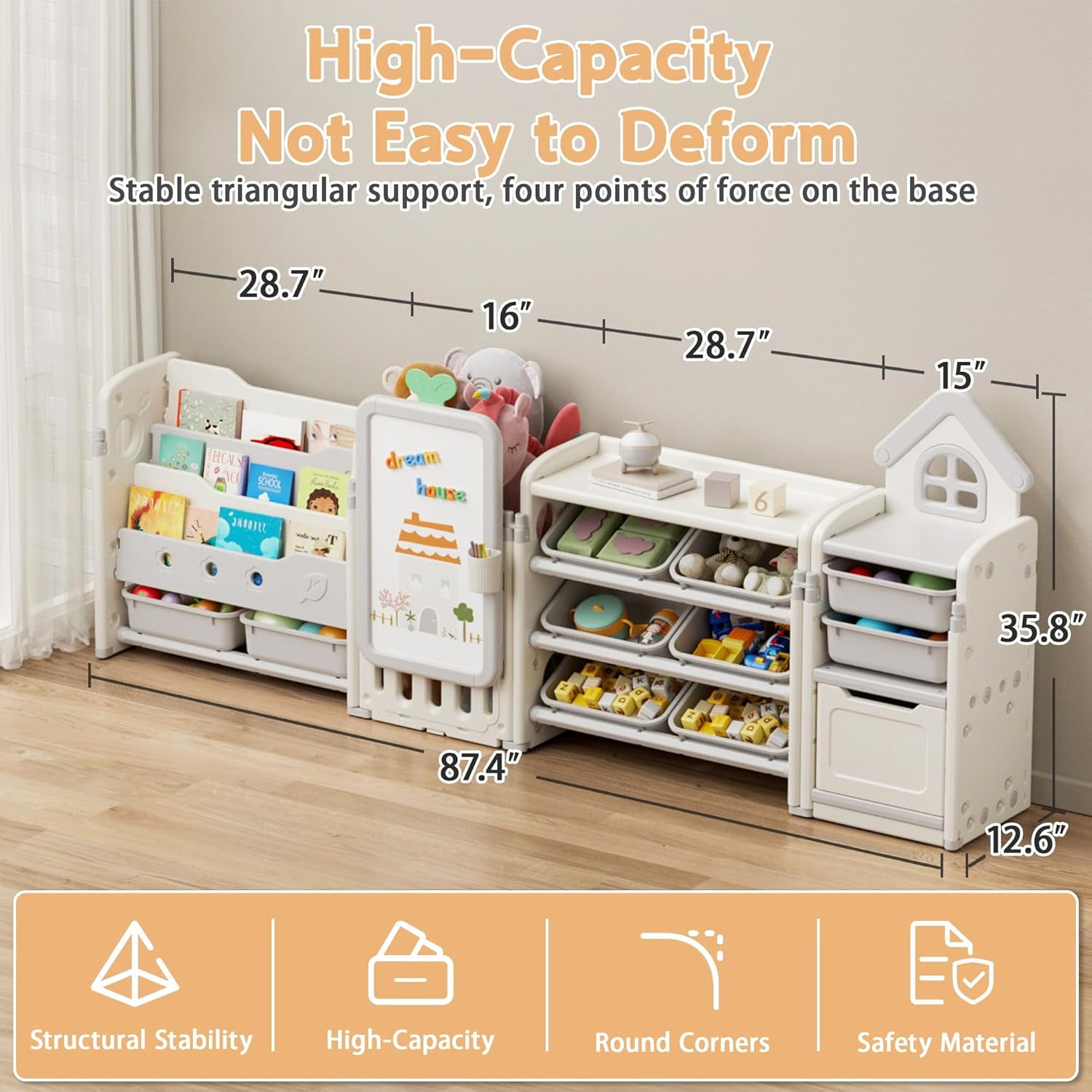 Kids Toy Storage Organizer with 3-Tier Bookshelf, NEORIVER Collapsible, 87.4W x 12.6D x 35.8H", with Removable Bins, Drawing Board & 3 Brushes