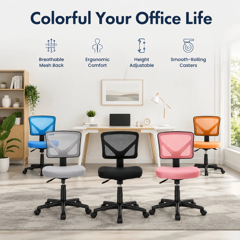 BEAUTYPEAK Desk Chair with Y-Shaped Lumbar Support Adjustable Armless Mesh Office Chair with Wheels for Home Office, Pink