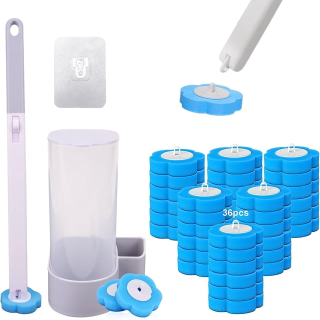 Juego de Cepillo de Inodoro Deshechable 36pcs, Escobilla Para Inodoro Desechable Trae Tu Propia Solución Limpiadora, Con Cabezales de Repuesto y Portacepillos de Almacenaje, Para Limpieza de Baño