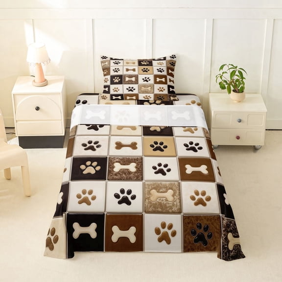 Homewish Paw Bone Plaid Twin Sheets,Retro Pet Dog Theme Bedding,Brown,3pcs,1 Fitted Sheet and 1 Pillowcase