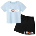 thumbnail image 3 of Conjunto de 2 piezas de camiseta de manga corta y pantalones cortos con estampado de letras de marca de verano, traje deportivo informal para niños y niñas, conjunto de moda para niños, 3 of 5