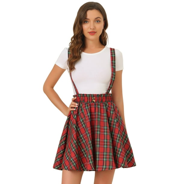Falda de tirantes Allegra K Plisado a cuadros Cintura Elástica Mujer Rojo Verde S