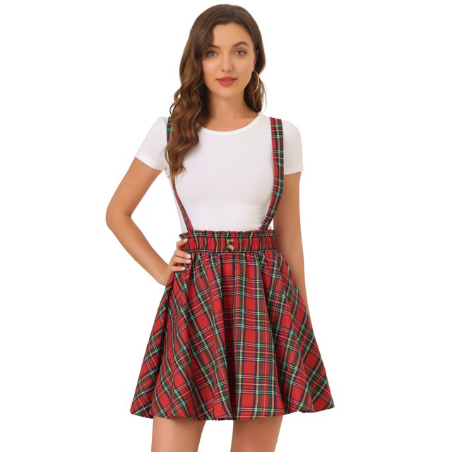 Falda de tirantes Allegra K Plisado a cuadros Cintura Elástica Mujer Rojo Verde S
