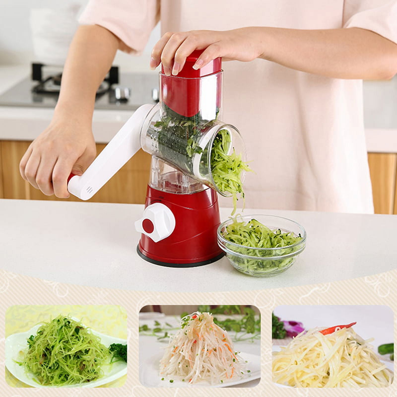 3 in 1 Multi functional Vegetable Cutter & Slicer – Square Drum Vegetable  Chopper with Grinding Cutter, Thread Cutter & Slicing Cutter Barrel -  Vegetable Grater with 3 Removable Blades - Red 