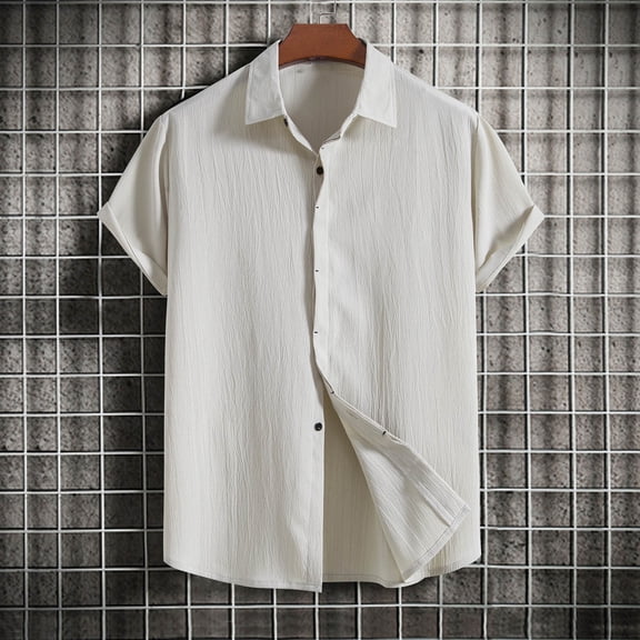 Alkepwun Mens Cotton Linen Shirts Casual Solid Color Short Sleeve Button Down Shirt Summer Beach Shirt on Clearance