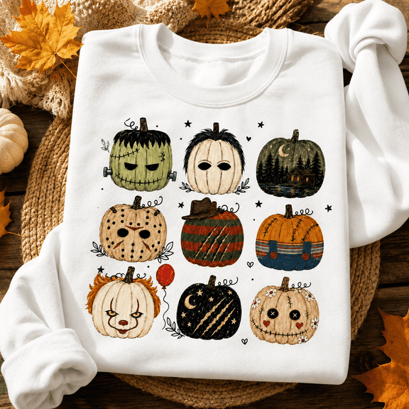 Halloween Shirt, Horror Pumpkin Collage Sweatshirt, Spooky Slasher Mask Hoodie, Vintage Scary Movie T-Shirt, Halloween Gift for Horror Fans