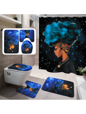 4PCs Waterproof Shower Curtain Set African Girl with 10 Hooks +Non-Slip Pedestal Rug + Lid Toilet Cover + Bathroom Bath Mat Doormat Set for Home Kitchen Decor