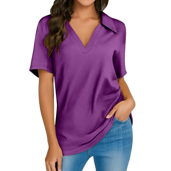 Fgnfyis Chemises à Manches Courtes pour Femmes Col en V Hauts d'Été Décontractés Basiques pour le Travail T-Shirts Hauts d'Été pour Femmes Violet Foncé TTG