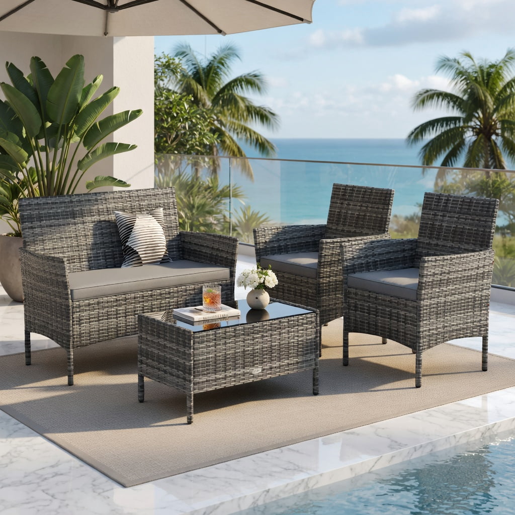 Hommoo 4-Piece Outdoor Rattan Conversation Set with Tempered Glass Coffee Table, PE Wicker, Gray