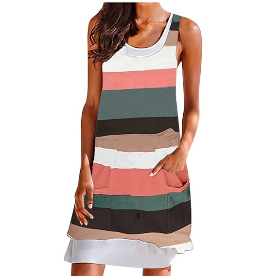 Fsgntruao Summer Dresses for Women Casual Sleeveless Sundresses Round-Neck Knee-High Ladies Mini Dress Beach Beach Vacation Tank Dresses with Pocket