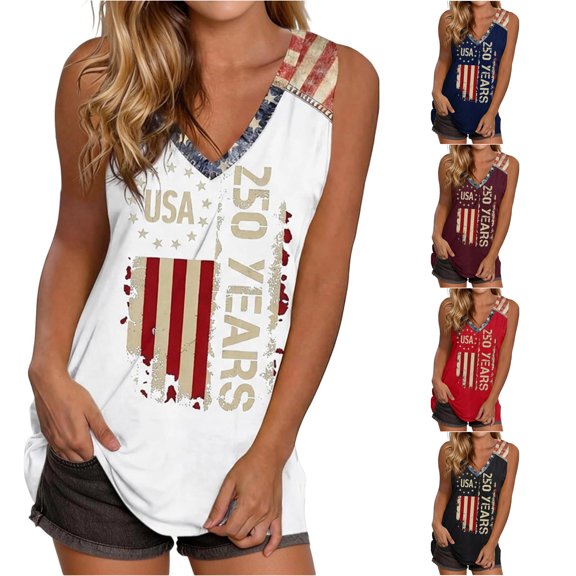 oqasdz Tank Tops for Women Independence Day V Neck 250Th Anniversary Usa Shirt Letter Stripes and Stars Print Loose Tank Blouse Casual Summer,White,3XL