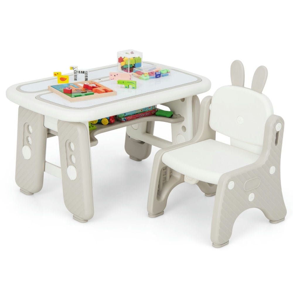 Spaco Kids Table and Chair Set with Flip-Top Bookshelf-Gray, Toddler Table and Chair Set for Arts & Crafts, Snack Time, Homeschooling, Homework