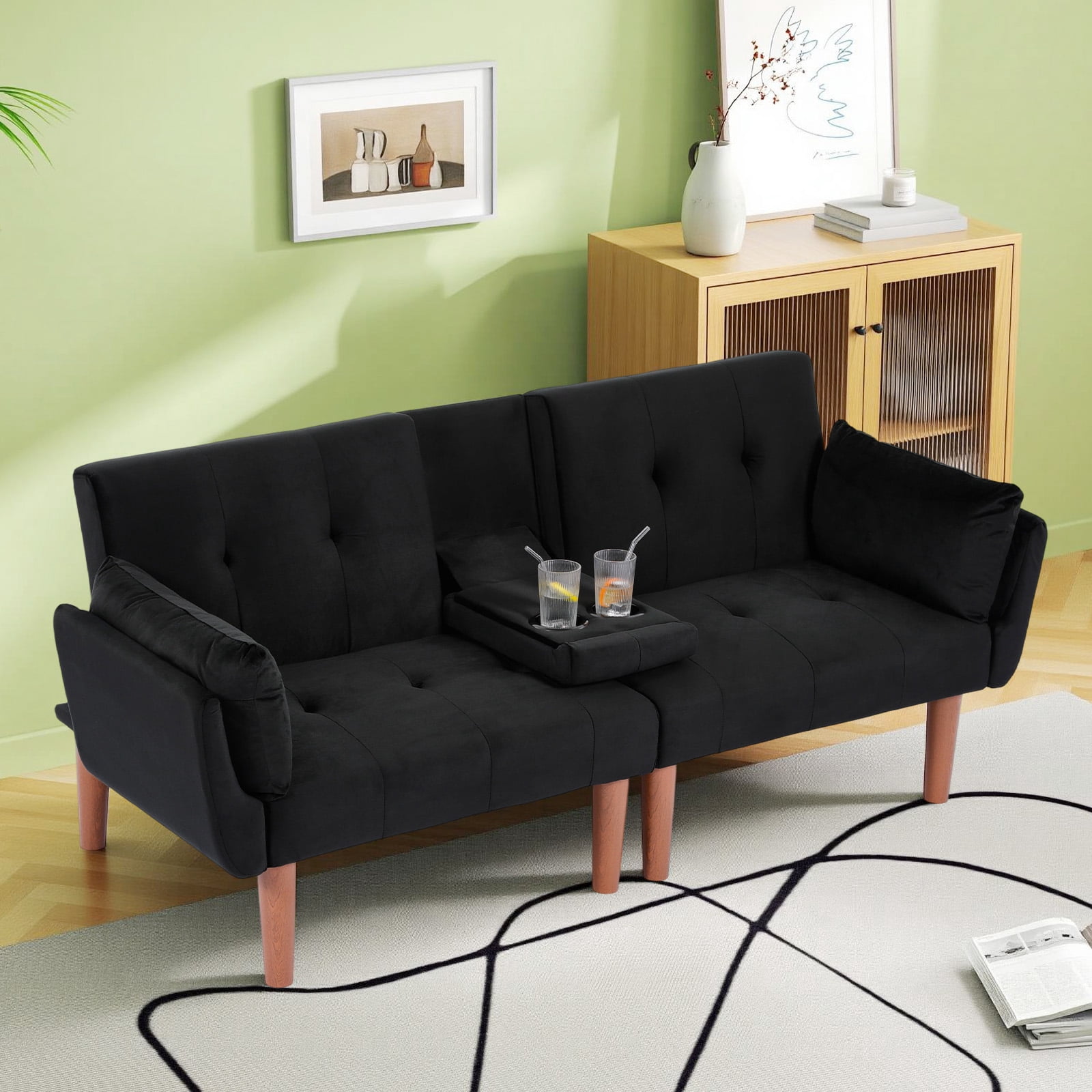 Leumius 72 Inch Futon Sofa Bed,Velvet Futon Couch with Adjustable Backrest and Cupholders,Suitable for Apartment,Living Room,Small Space,Black