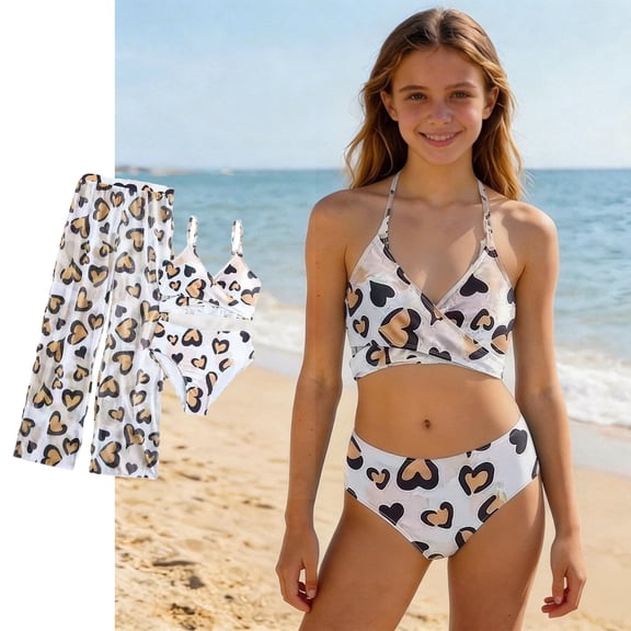 Kids Swimsuit Girls' 3 Piece Swimsuit with Pants Cute Summer Swimwear Girls Bikini for Teenagers 9-10 Years