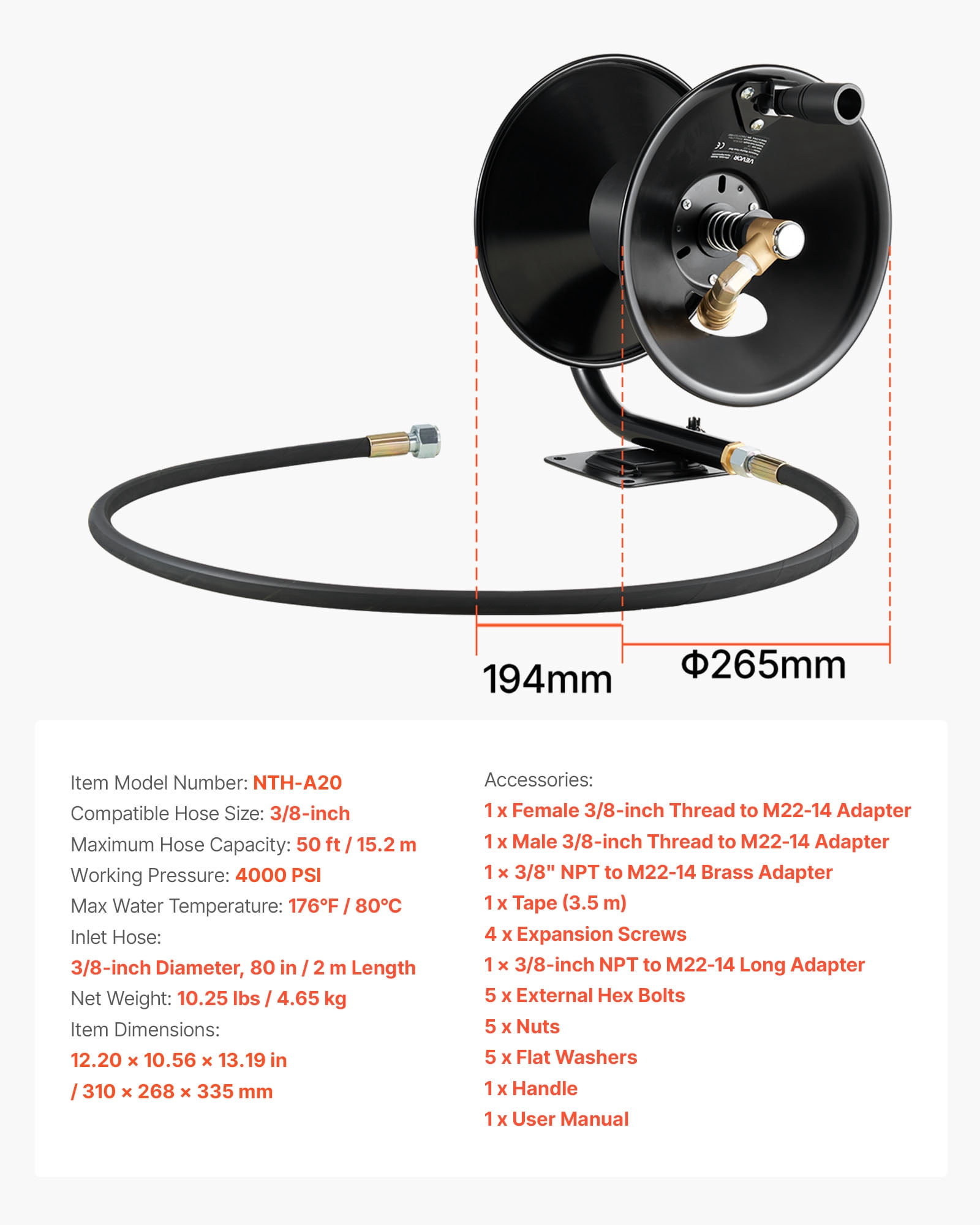 VEVOR Pressure Washer Hose Reel, 50 ft x 3/8 inch Heavy-Duty Steel Bracket-Mounted Pressure Hose Reel, Wall/Floor/Truck Mount, 4000PSI Max, Manual Power Hand Crank for Car/Floor Washing,Garden