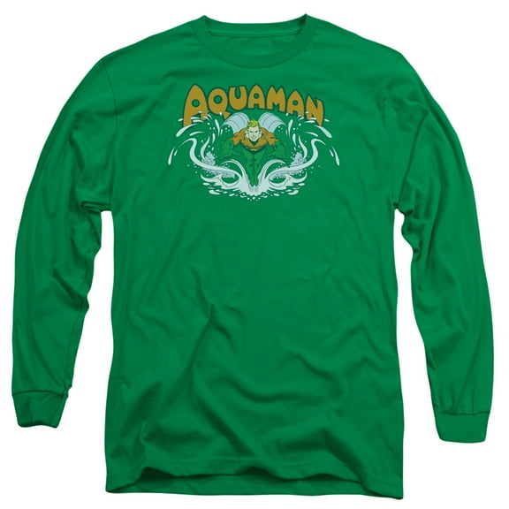 DC Comics Aquaman Splash Long Sleeve Adult 18/1 T-Shirt Kelly Green