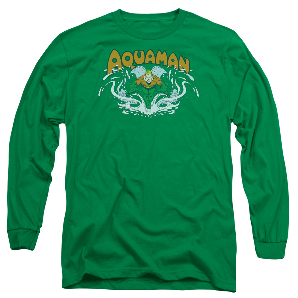 DC Comics Aquaman Splash Long Sleeve Adult 18/1 T-Shirt Kelly Green