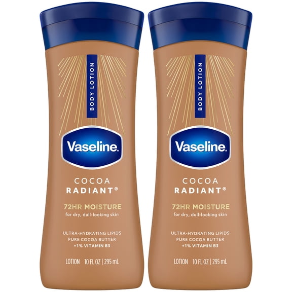 Vaseline Cocoa Radiant 2-Pack – Intensive Care Moisturizing Hand and Body Lotion with Ultra-Hydrating Lipids, Pure Cocoa Butter, 10 Oz Ea