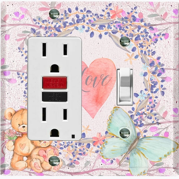 Metal Light Switch Wall Plate Outlet Cover (2 Teddy Bears With Love Heart Flower Balloon Flower Wreath Pink - Single Rocker Single Toggle)