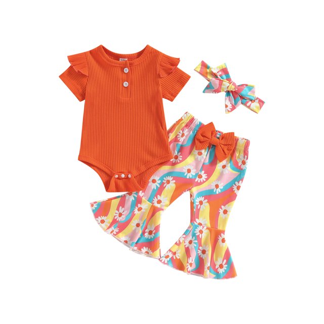 Kmbangi 3Pcs Baby Girls Summer Outfit Sets Solid Color Short Sleeve Ribbed Romper + Floral Striped Flared Pants + Headband 0-18M