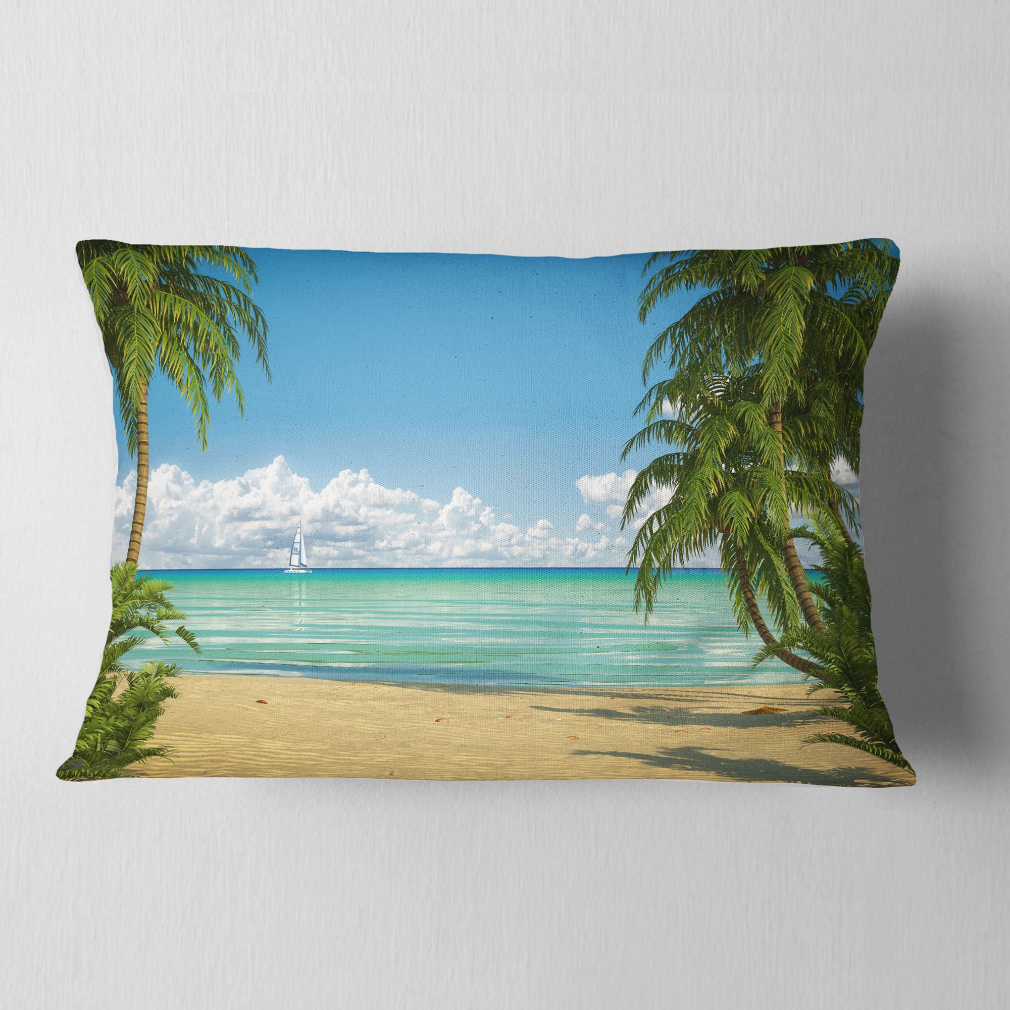 Designart Palms at Caribbean Beach - Seashore Photo Throw Pillow - 12x20