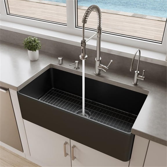 Pemberly Row Black Matte Smooth Apron 36" x 18" Single Bowl Fireclay Farm Sink