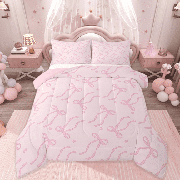Manfei Cute Pink Bowtie Bedding Comforter Set,Cartoon Heart Print Twin Comforter Sets,Princess Bow Knot Bedding Set For Girls,Microfiber Bedroom Decor Reversible,2-Piece