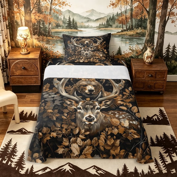 Castle Fairy Teens Vintage Autumn Bear Deer Twin Sheets 3pcs,Autumn Tree Leaves Bedding,Brown Orange Black,1 Fitted Sheet, 1 Flat Sheet and 1 Pillowcase
