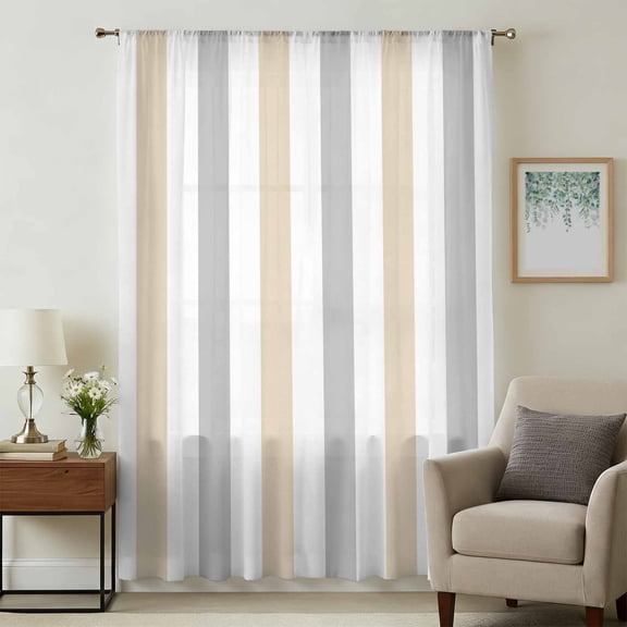 Beige Grey Striped Sheer Curtains 63 Inches Long, Minimalist Farmhouse Stripe Light Filering Curtains, Breathable Simi Curtain Privacy Drapes for Living Room Bedroom Lightweight Window Treatment