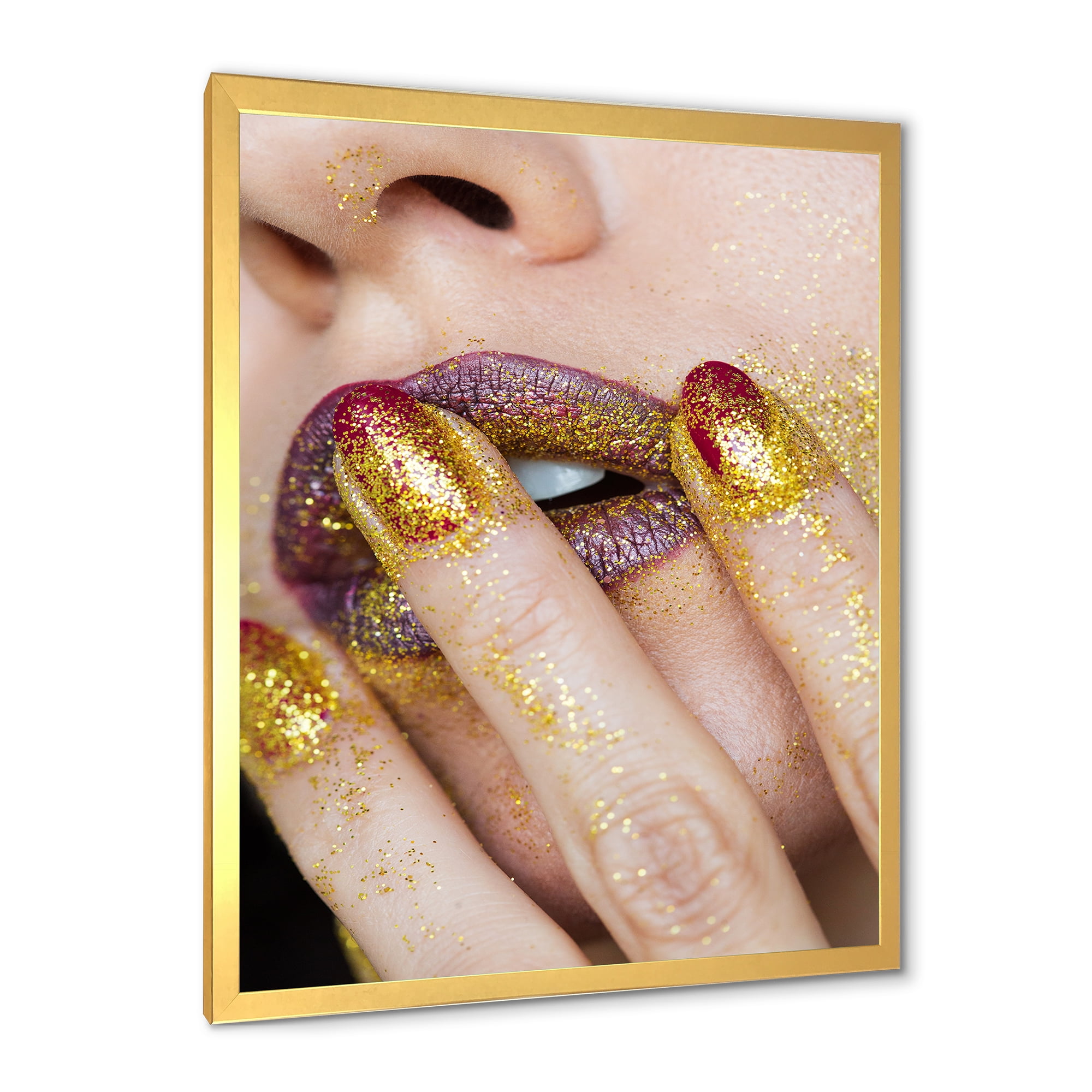 Designart 'Close-Up Of Woman Golden Gold Glitter Lipstick' Modern Framed Art Print
