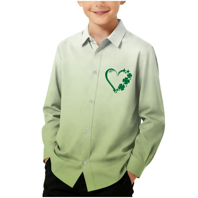 RXMEKW Chemise à Manches Longues Imprimée de la Saint-Patrick pour Garçons avec Col Rabattu, 95 % Coton 5 % Élasthanne, Vert