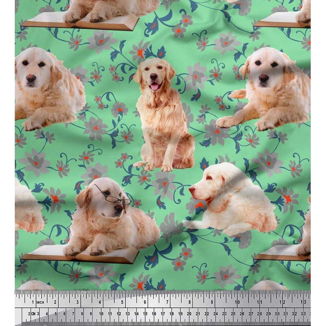 Soimoi Rayon Fabric Floral,Book & Golden Retriever Dog Decor Fabric Printed Yard 42 Inch Wide