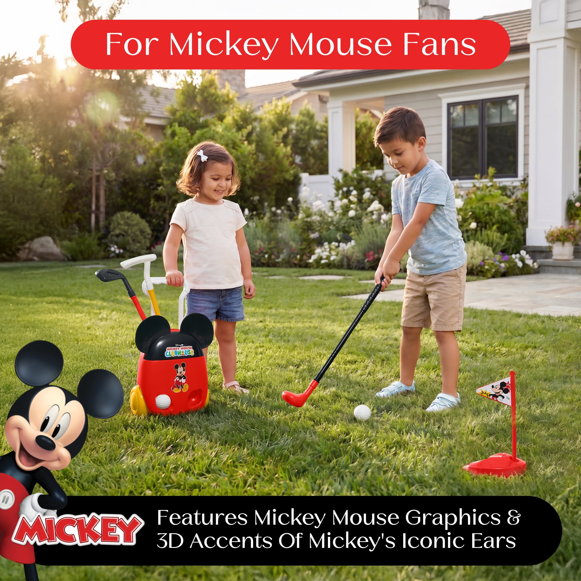 Mickey Mouse Golf Sports Set by Delta Children - 8-Piece Toddler Golf Playset with Wheeled Golf Bag, 3 Clubs, 2 Balls & Putting Hole