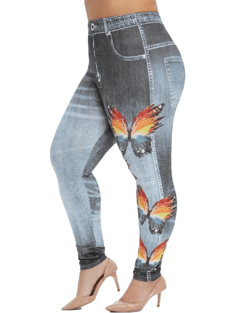 Nimpansa Womems Denim Leggings Elastic Fake Jeans Tights Butterfly Print
