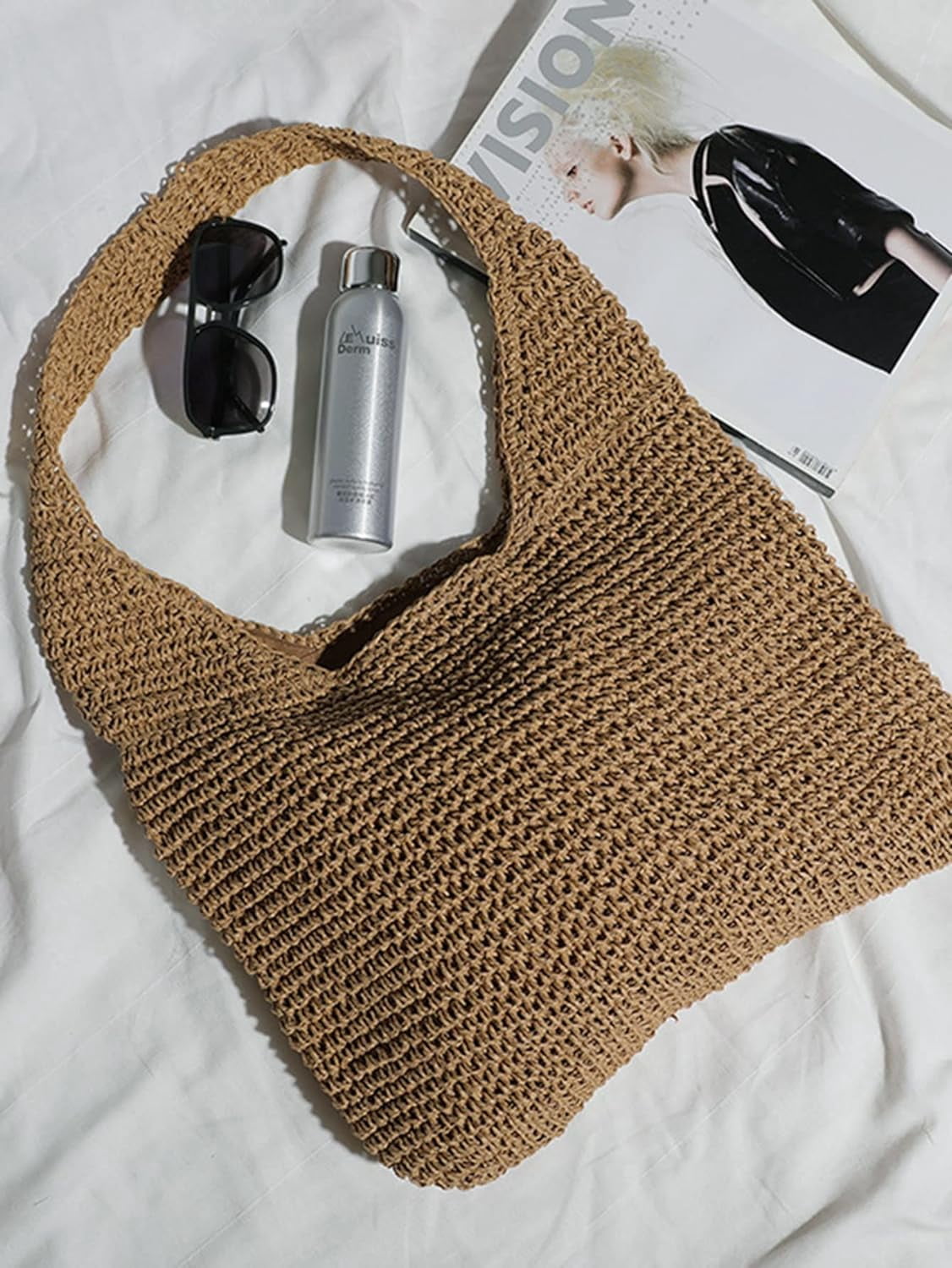 Women's Crochet Straw Bag Knit Tote Bag Shoulder Handbags Shopping Bags