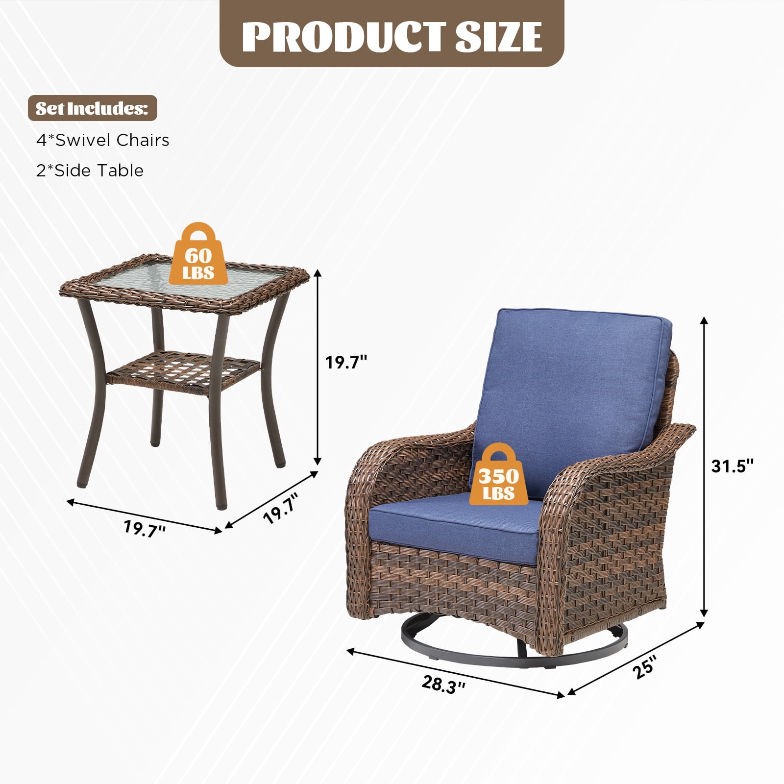 Bellefurn Outdoor Swivel Rocker Patio Chairs Set,6 Piece Furniture Set with 4 Swivel Rocking Chairs and Side Table All Weather Wicker Conversation Set for Porch Deck Garden Backyard