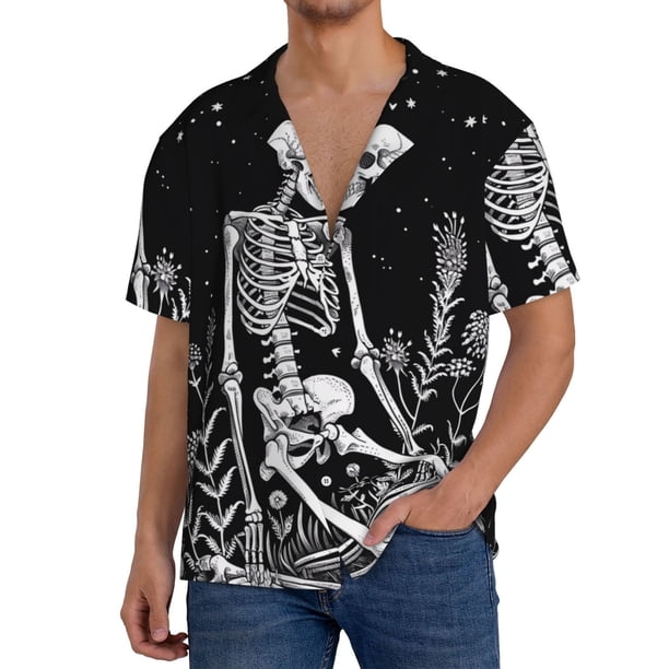 Balery Vintage Black white Plant skull Camisa Casual de Manga Corta con Botones para Hombre, Texturizada, Estilo Cubano, para Playa, Verano-3X-Large