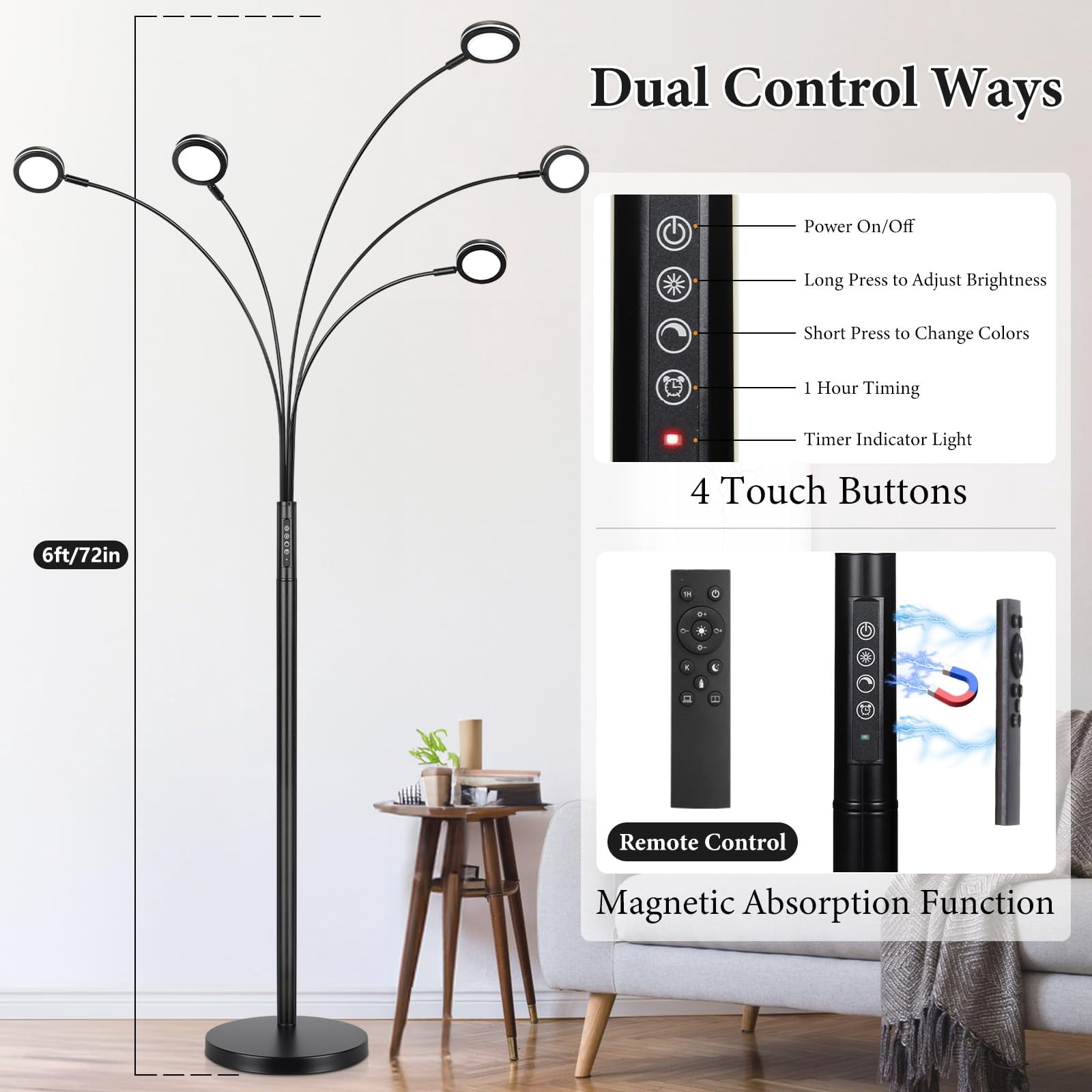 Nordic Hygge LED Arc Floor Lamp with Remote, Black