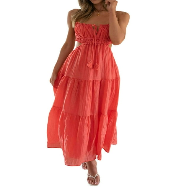 Robe Sans Manches à Bretelles Spaghetti pour Femmes Robe Longue à Volants