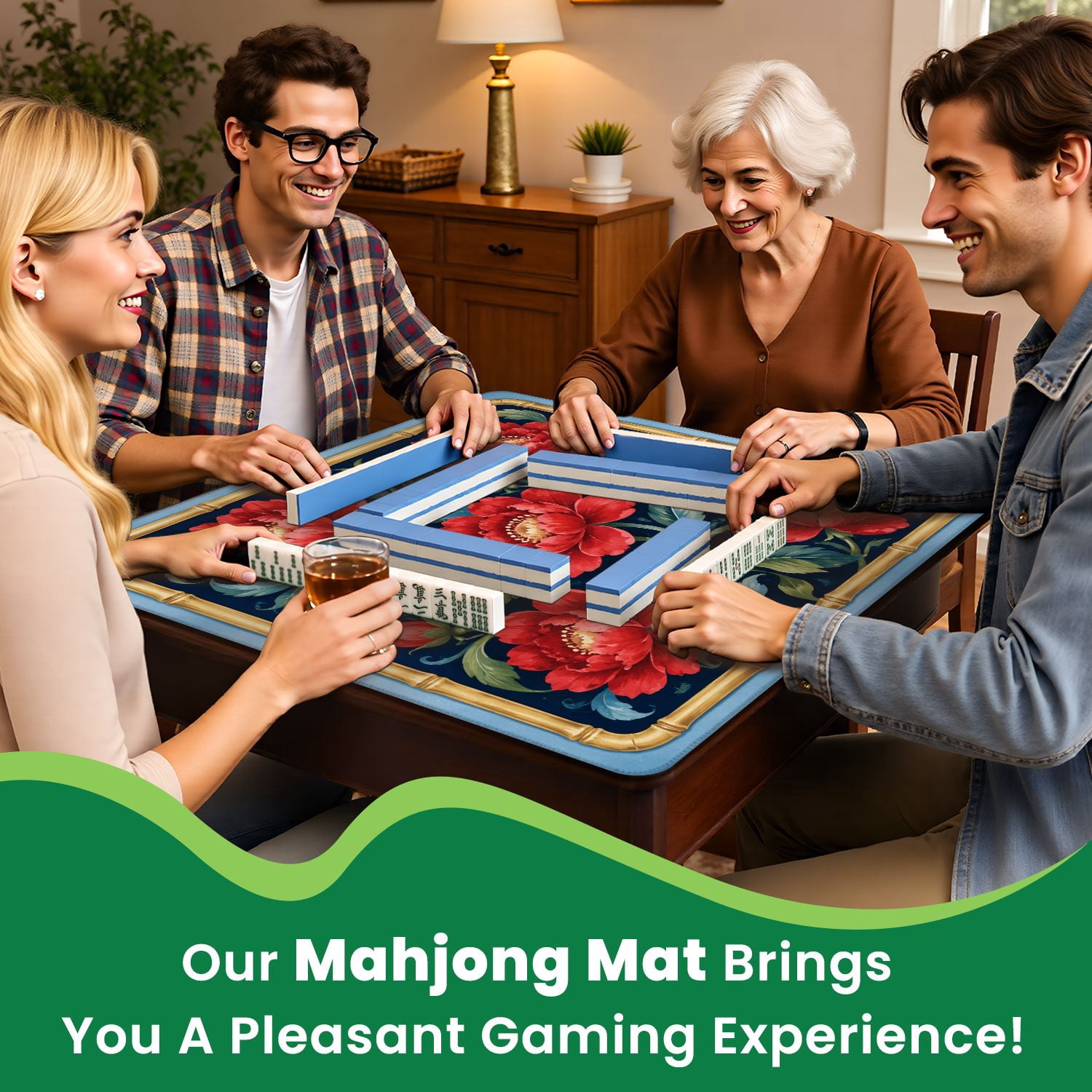 Mahjong Mat 31.5" x 31.5" Floral Red Roses Green Vines Blue Non-Slip Noise Reduction Mahjong Tiles Table Cover for Dominoes Poker Card Board and Tile Games