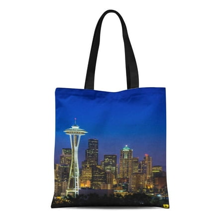 LADDKE Canvas Tote Bag Photography of Seattle Skyline in Morning Hours Color Dawn Reusable Handbag Shoulder Grocery Shopping