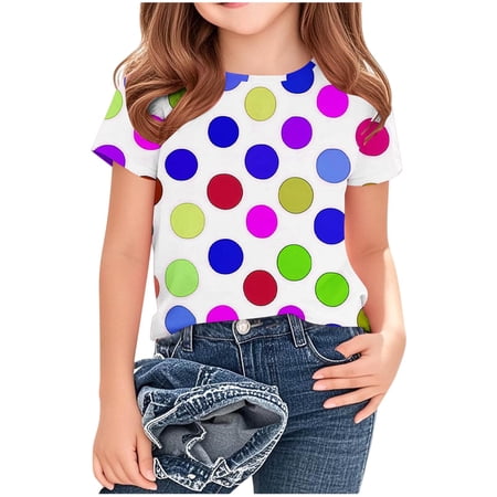 PIGOGI Big Kids Polka Dot Short Sleeve TShirt Colorful Dot Print Crewneck Casual Top Soft Breathable for Boys Girls 3-14 Years
