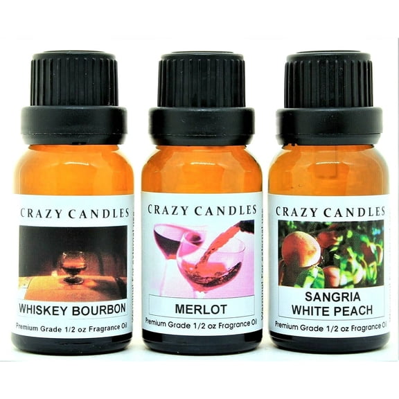 Crazy Candles 3 Bottle Set: Whiskey Bourbon, Merlot, Sangria White Peach 1/2 Fl Oz Each (15ml) Premium Grade Scented Fragrance Oil Made in USA