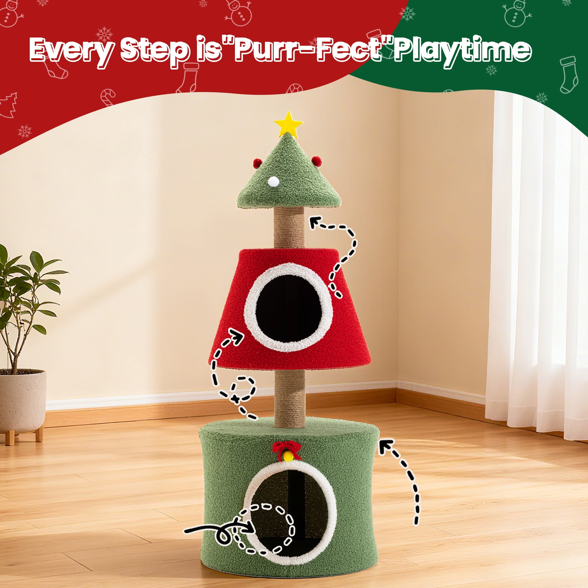 VENTOPYR Christmas Tree Shaped 40" Cat Tree with Scratching Post & Cat Condo Playhouse