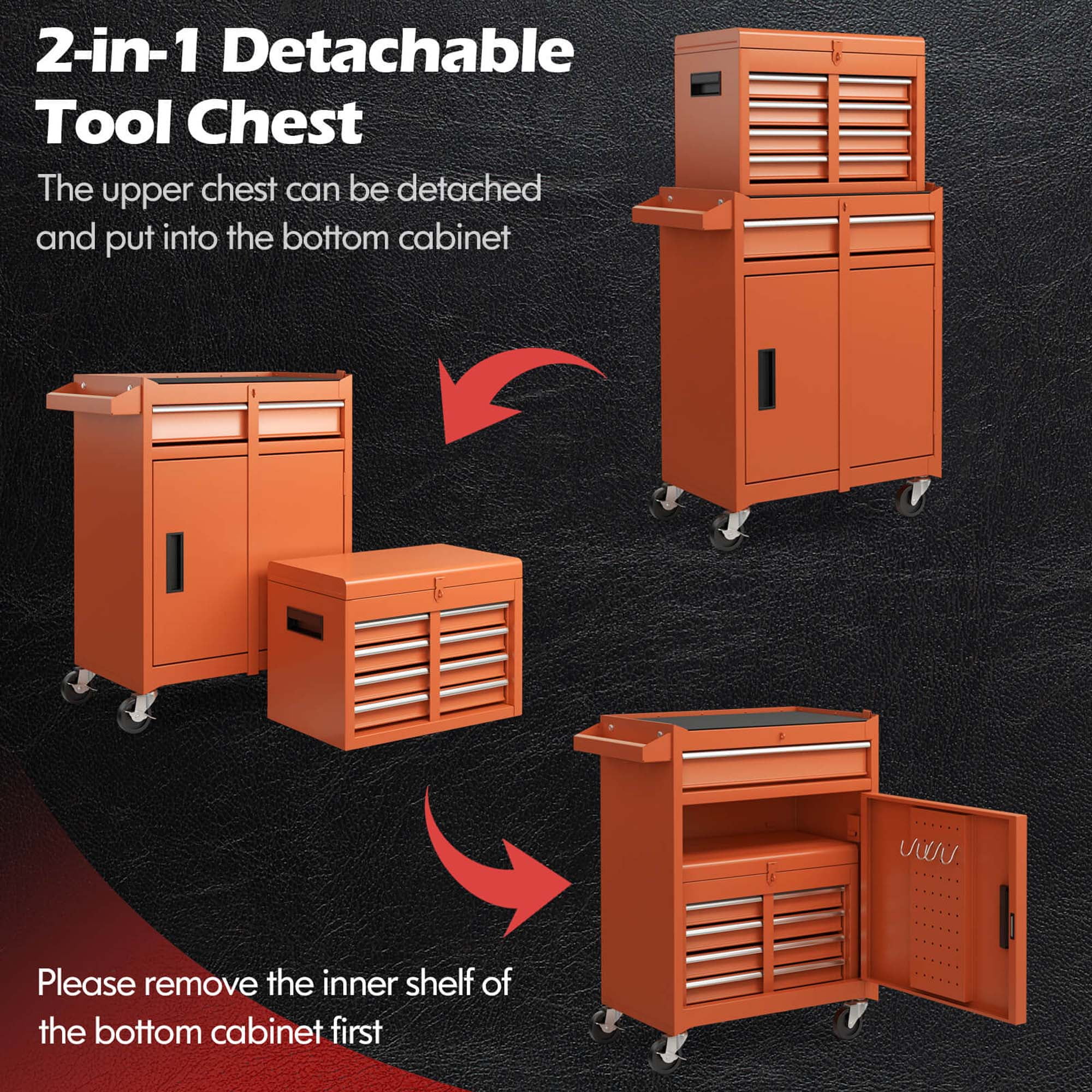 Costway 2 in 1 Tool Chest & Cabinet with Sliding Drawers Rolling Garage Organizer Orange