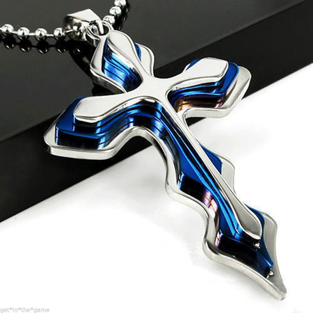 - Blue Stainless Steel Cross Pendant Crucifix Faith Unisex Chain Durable Necklace