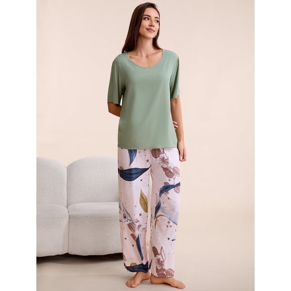 Smilooen Lounge Set for Women 2 Piece Outfits Short Sleeve Round Neck Pjs Sleepwear,S-2XL